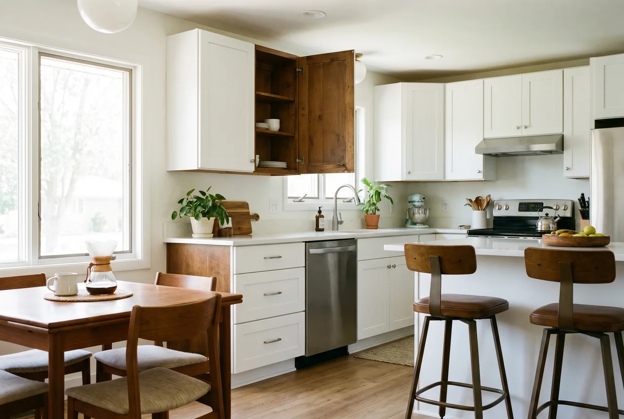 Newly refaced kitchen with crisp white shaker doors installed over existing cabinet boxes