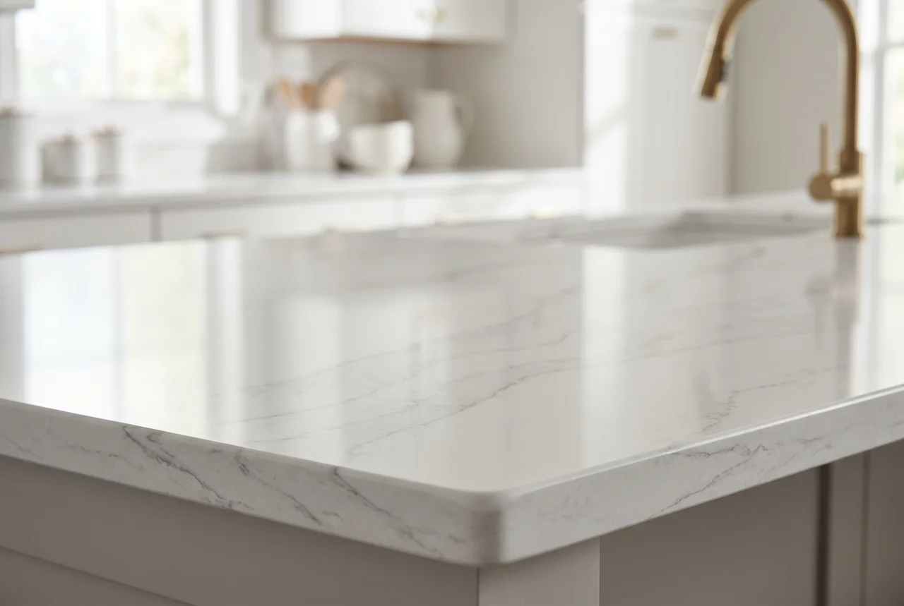 Polished white quartz countertop with subtle gray veining in a modern Wichita kitchen