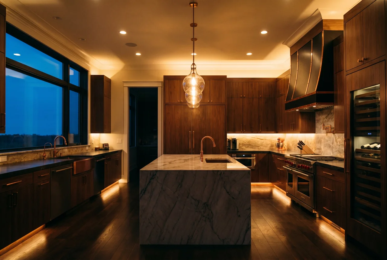Layered kitchen lighting at dusk with pendants, under-cabinet LED strips, and recessed downlights