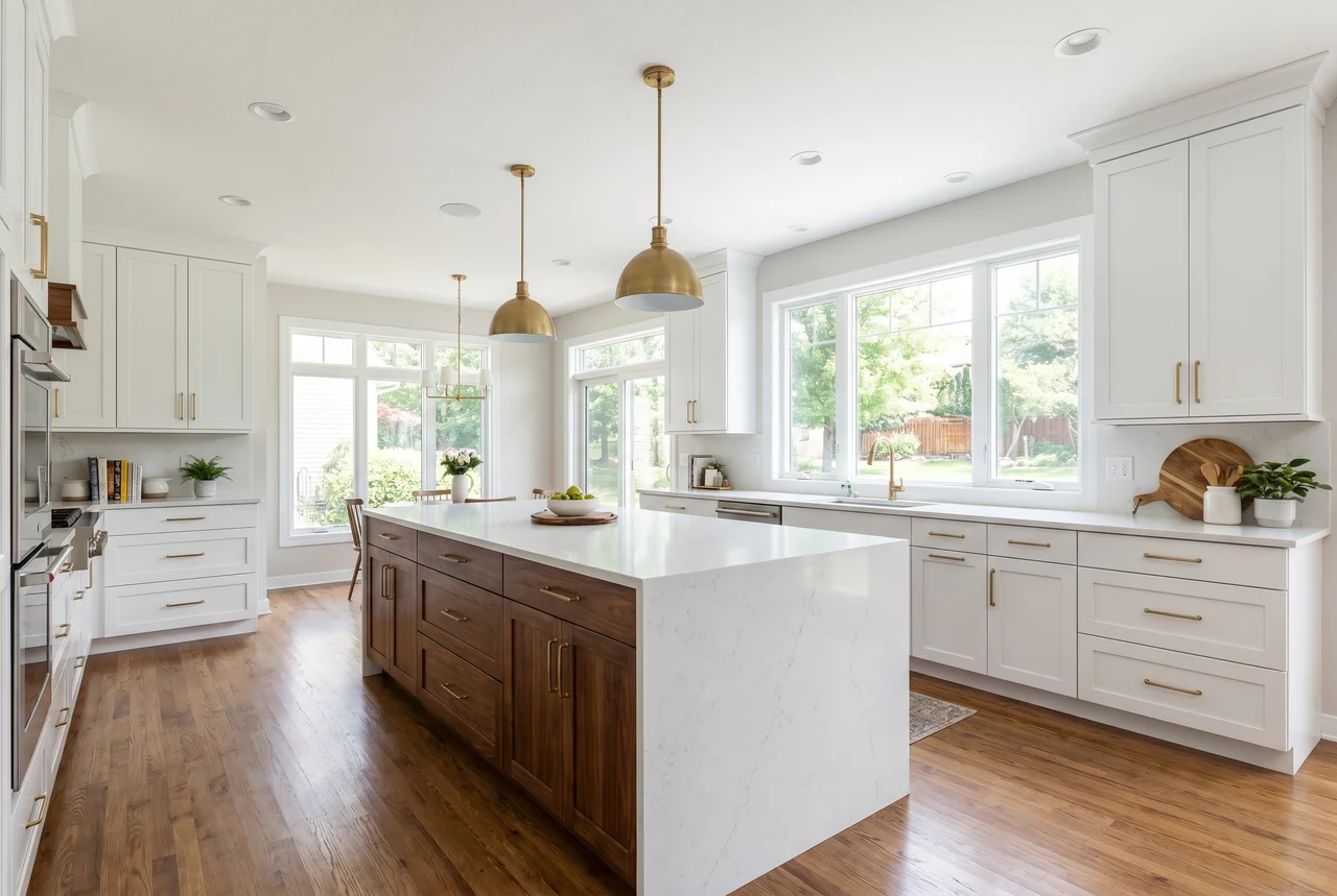 Modern kitchen remodel in Wichita with white shaker cabinets, walnut island, and quartz waterfall counter