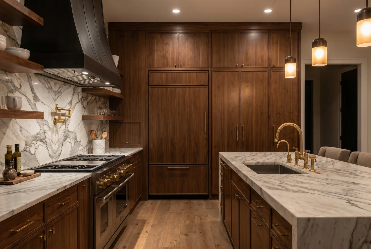 Luxury Wichita kitchen with paneled Sub-Zero refrigerator, Wolf range and marble slab backsplash